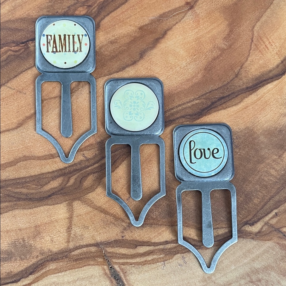 Vintage Set of Three Silver Bookmarks with Family and Love Designs